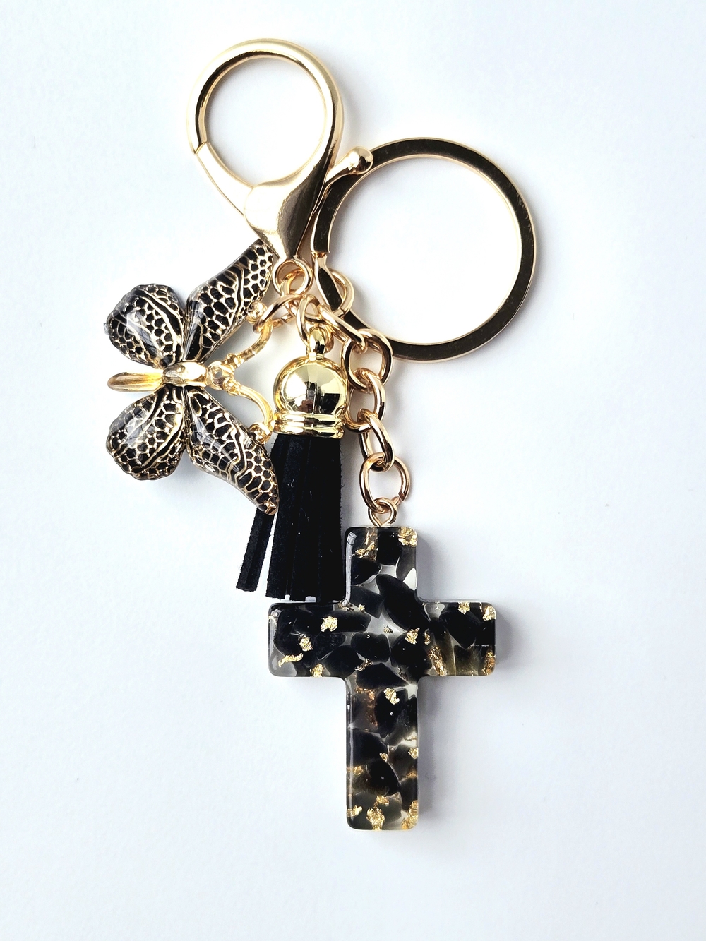 Black & Gold Foil Resin Cross Keychain Butterfly Charm Tassel Bag Charm Clip